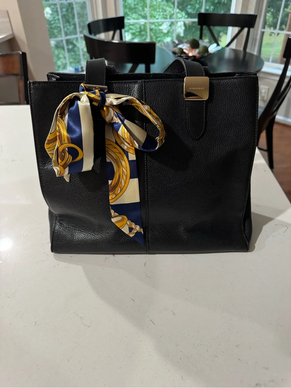 Authentic Burberry Black Leather Tote Bag with unbranded Navy & Gold twilly